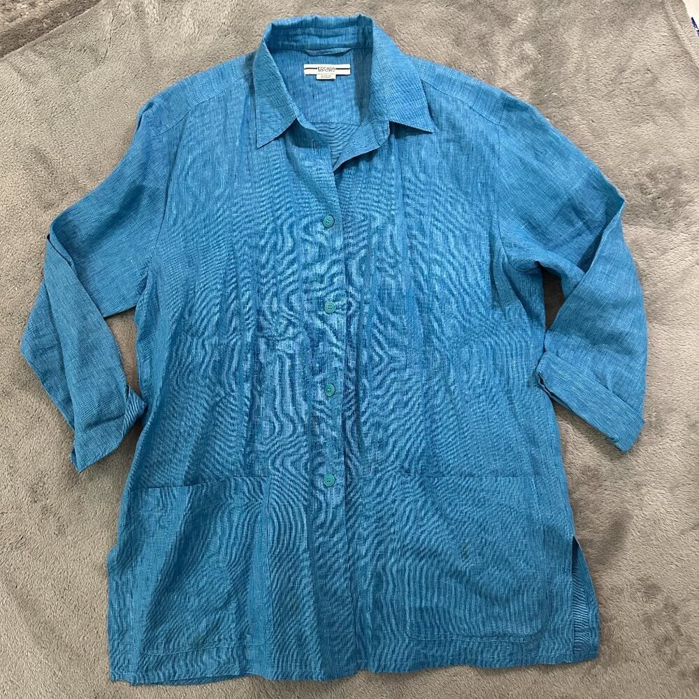 Escada Sport 100% Linen Blouse Tunic Women's SMALL Blue Vintage Shirt Top